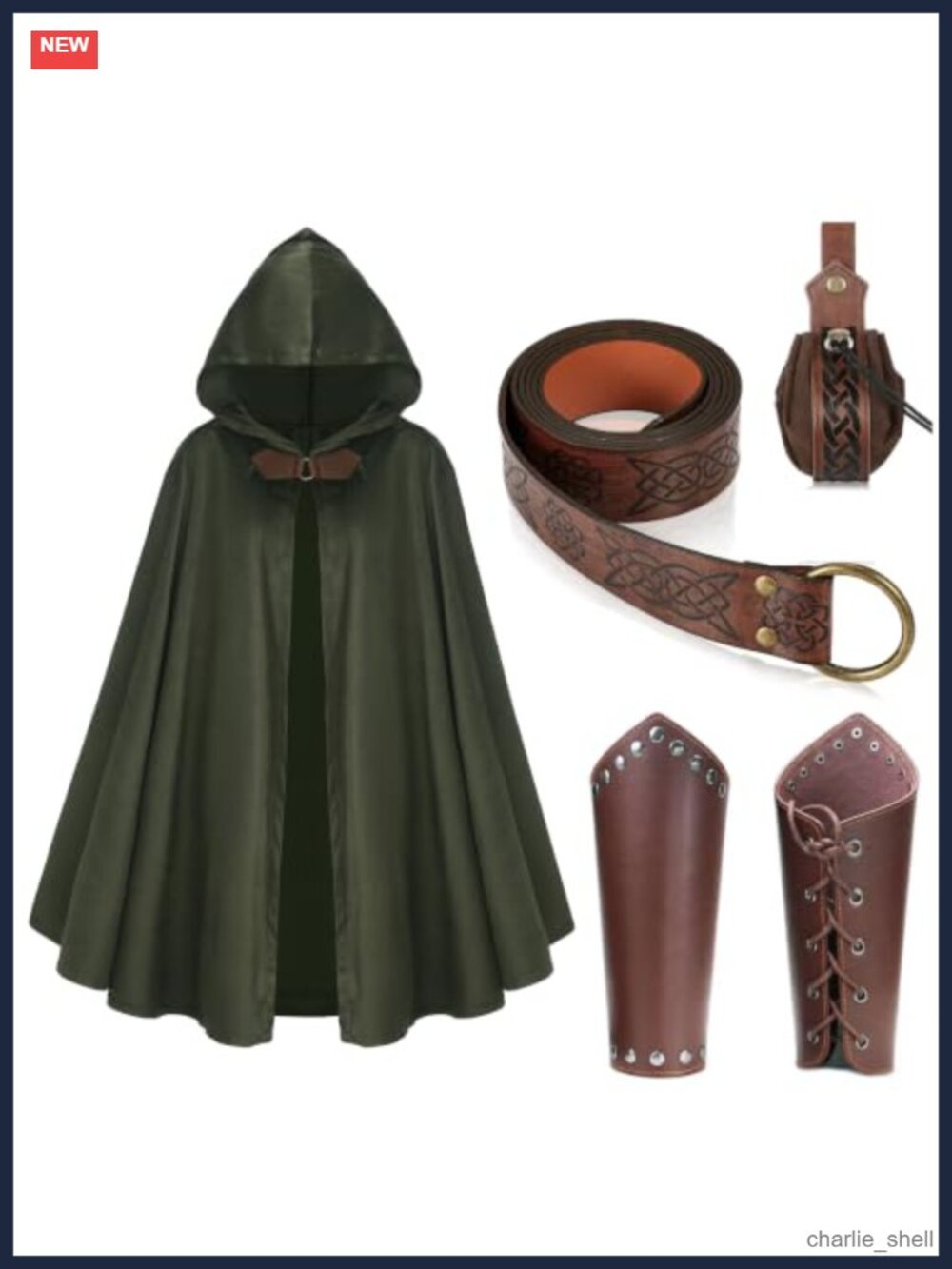 Renaissance Hooded Cloak Medieval Costume Set Velvet Leather Belt Bracers